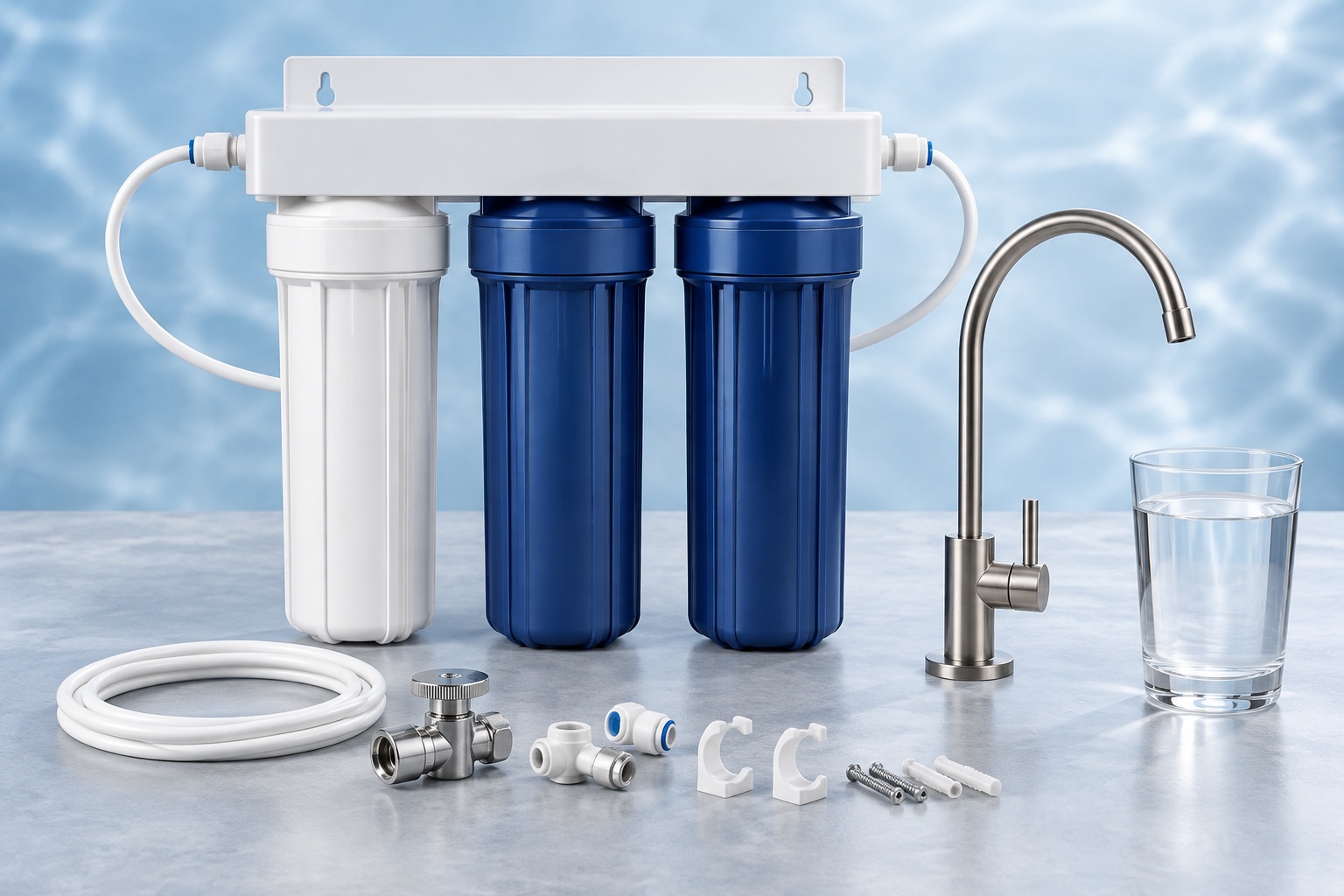 Editorial view of a compact three-stage Aquasana-style under-sink water filter