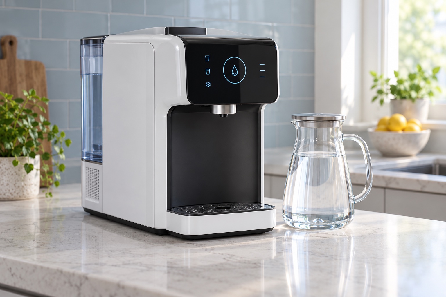 Editorial product view of a white and charcoal countertop reverse-osmosis purifier beside a clear glass carafe in a bright kitchen