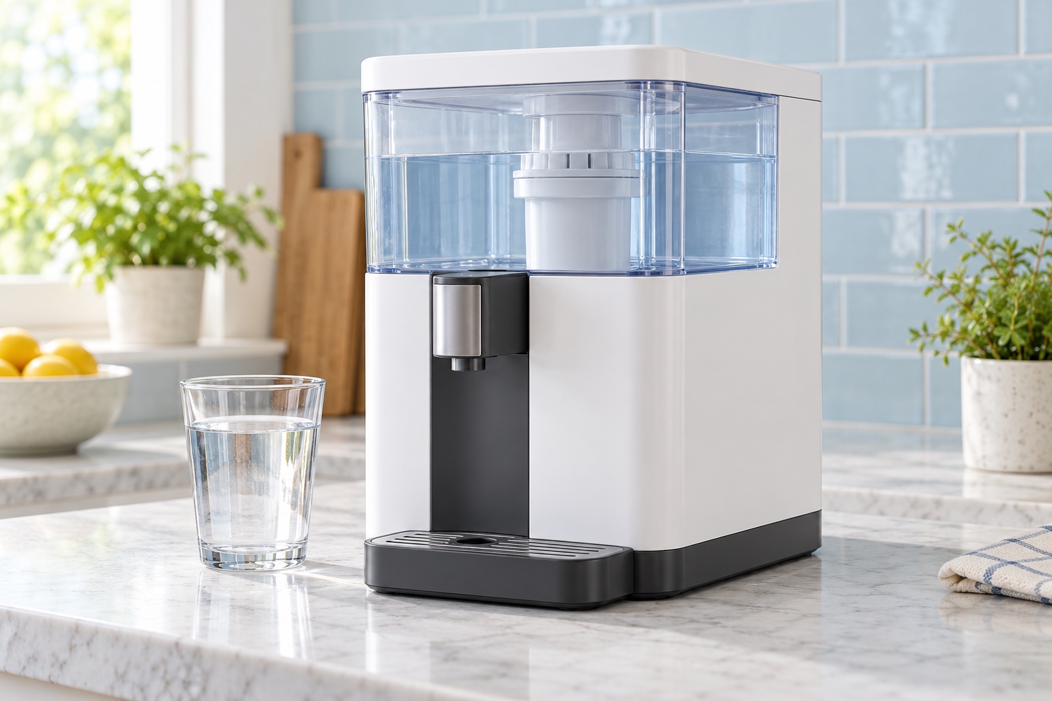 Editorial product view of a compact white and charcoal powered countertop water filtration dispenser with a clear reservoir