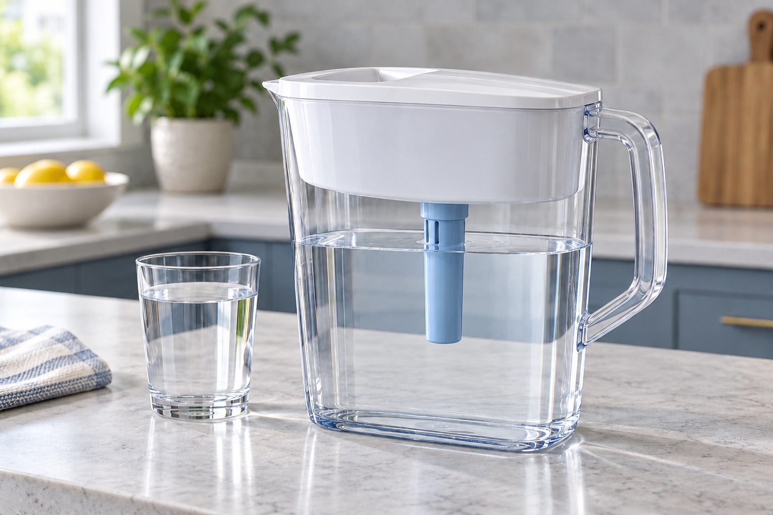 Editorial view of a slim clear 10-cup water filter pitcher with a white lid and small blue filter