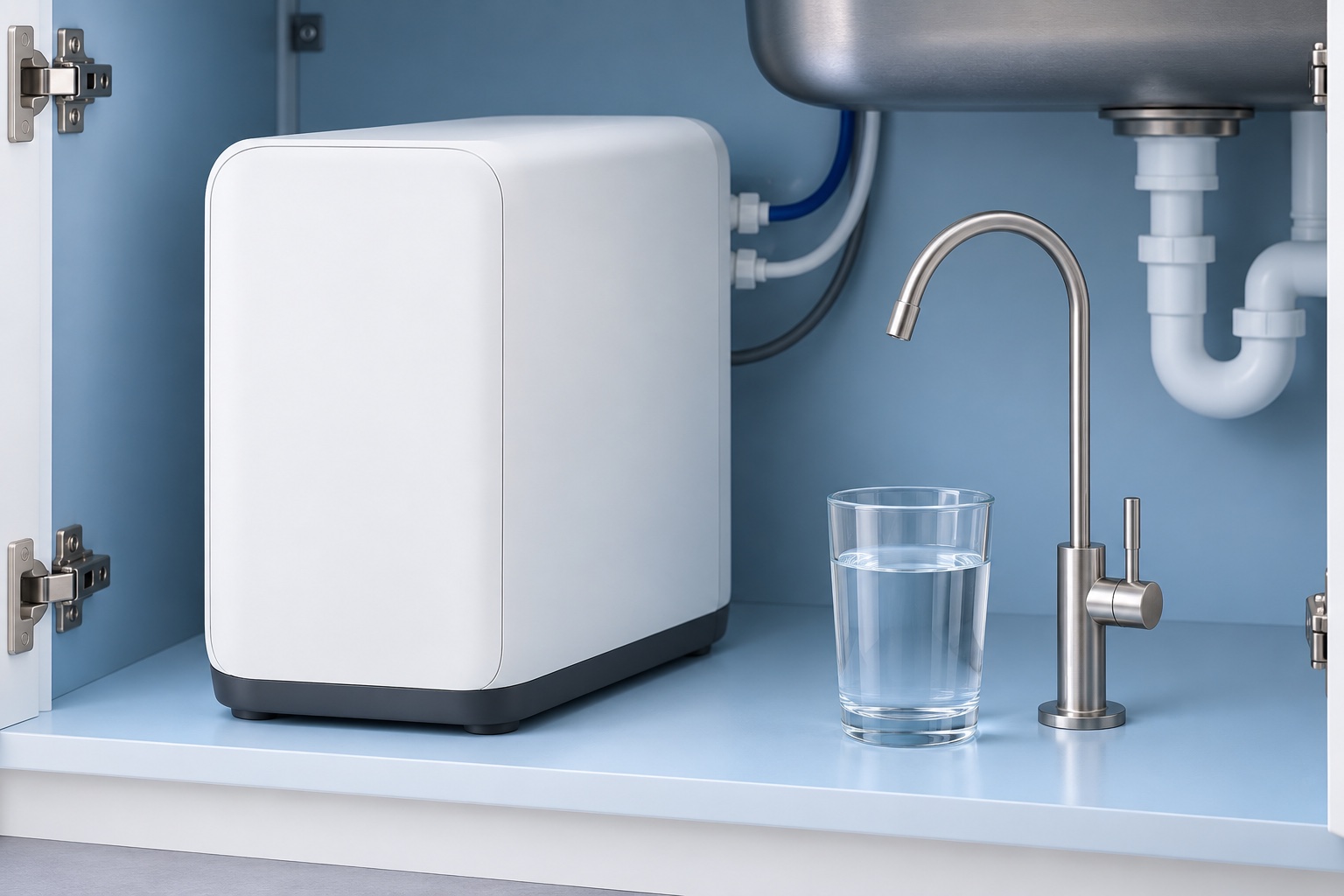 Editorial product view of a compact white enclosed reverse-osmosis system beneath a kitchen sink with a dedicated faucet and glass