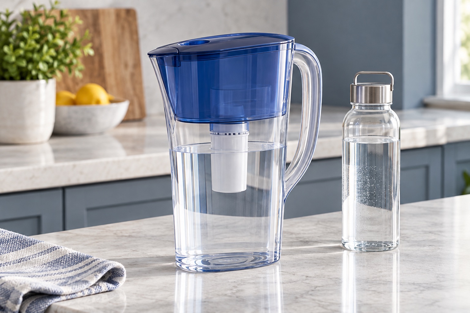 Editorial view of a tall slim clear 11-cup water filter pitcher with a deep-blue lid and small white filter