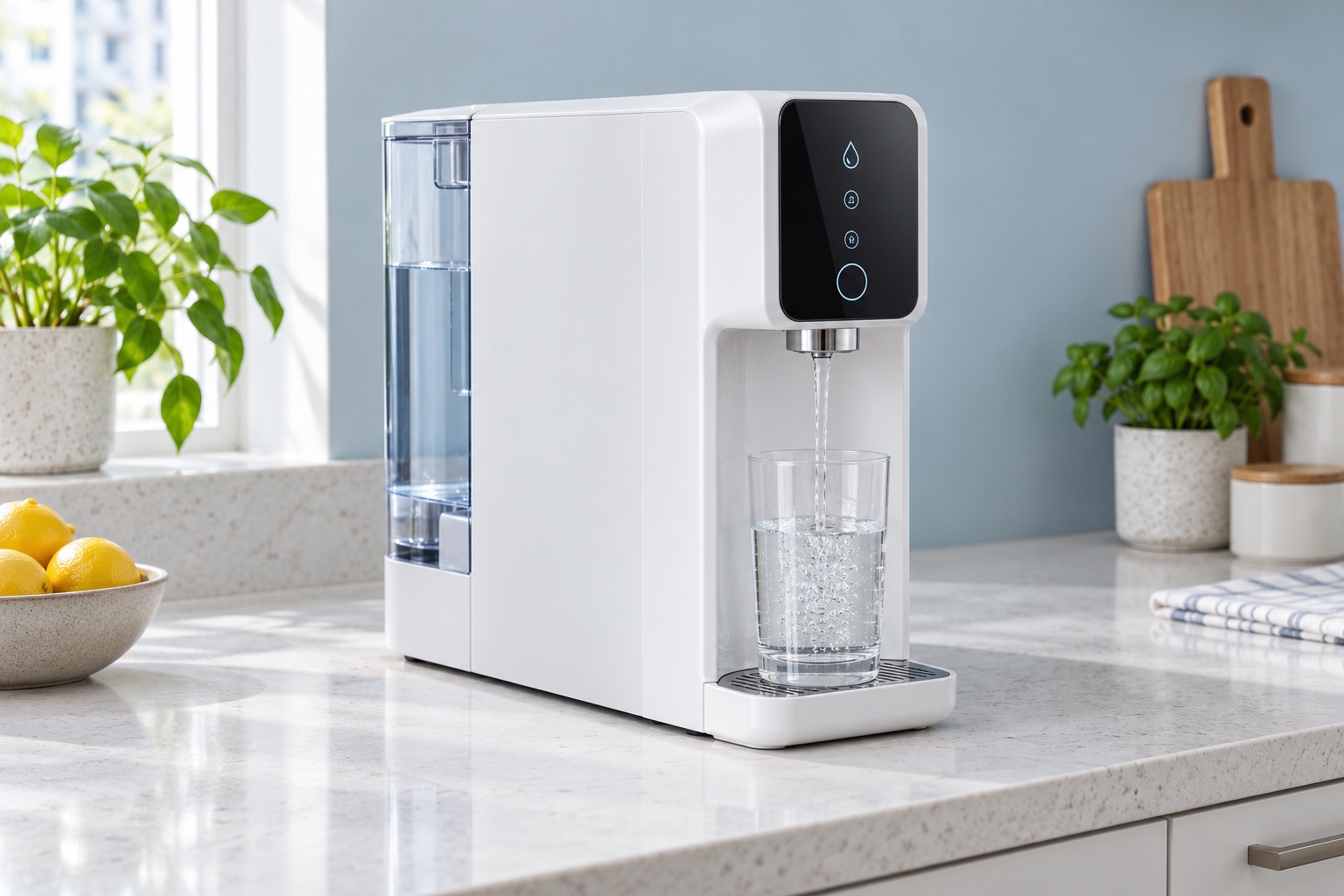 Editorial product view of a slim white countertop reverse-osmosis dispenser with a clear rear source tank in a bright kitchen