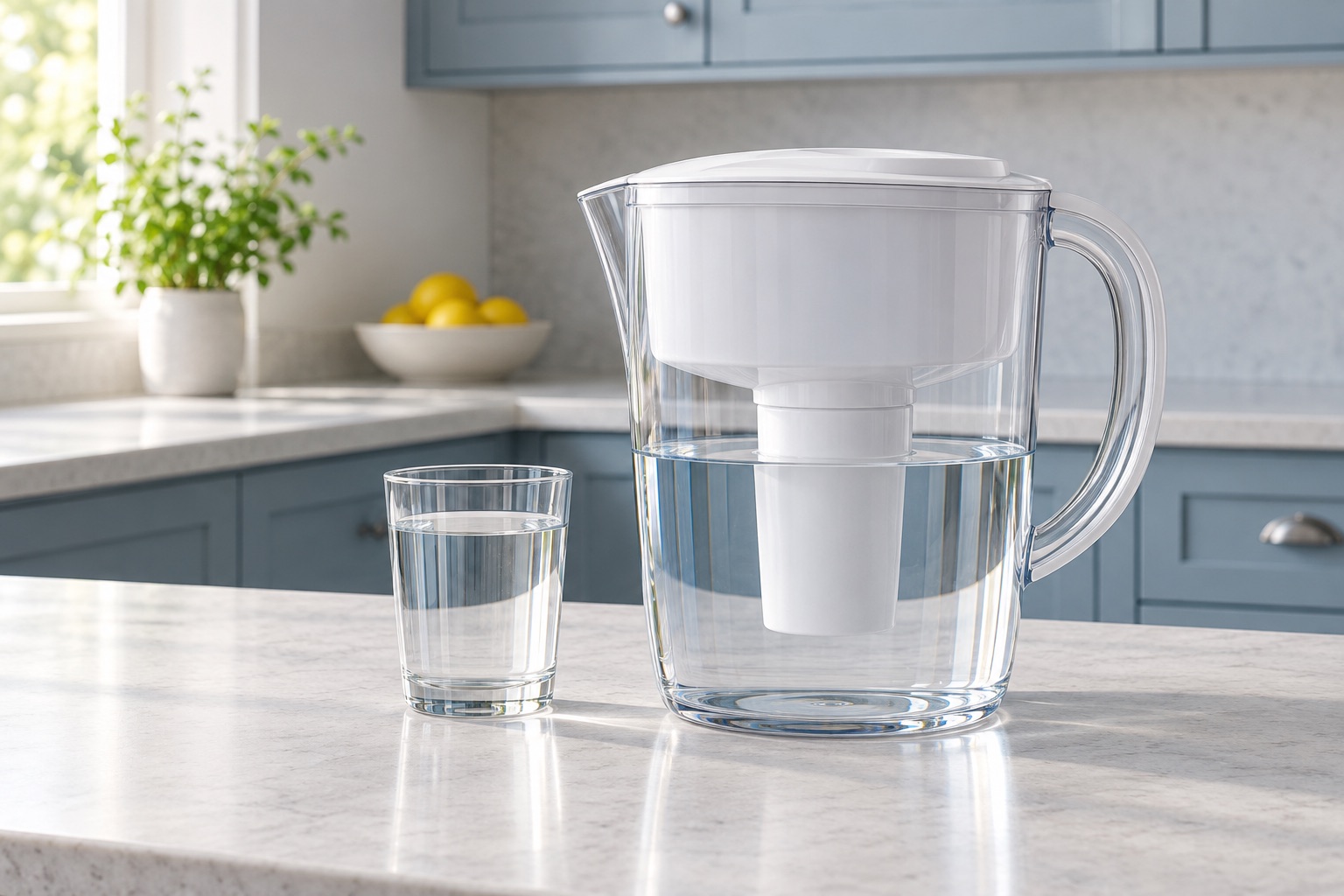 Editorial view of a clear water filter pitcher and drinking glass on a kitchen counter