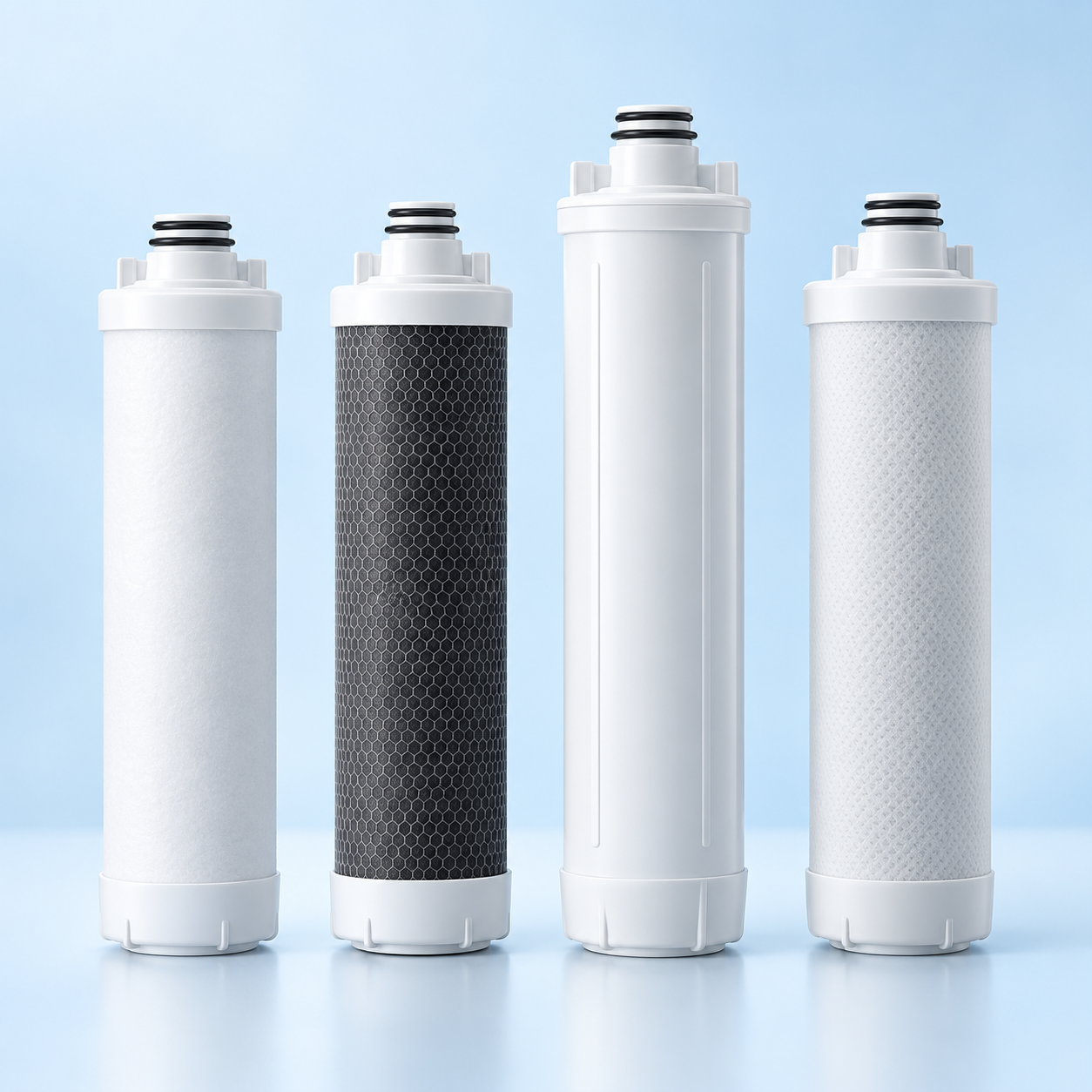 Editorial illustration of a four-cartridge replacement set for a countertop reverse-osmosis purifier
