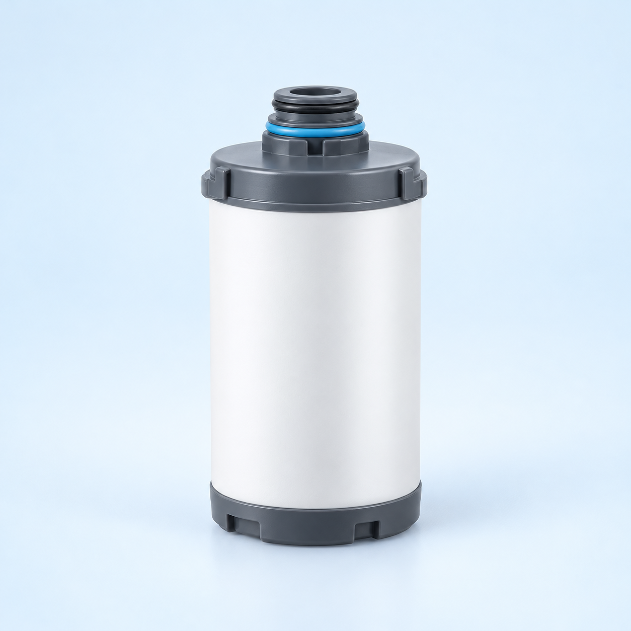 Editorial illustration of a compact twist-lock composite pre-filter cartridge