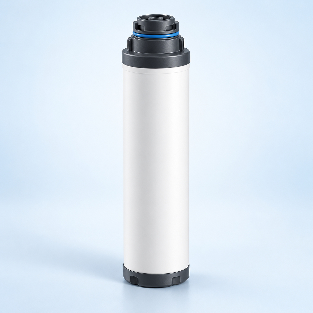 Editorial illustration of a tall twist-lock reverse-osmosis membrane cartridge