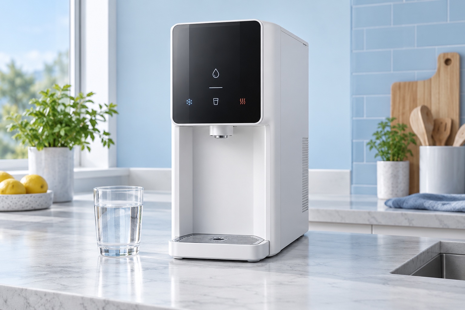 Editorial product view of a tall white countertop hot and cold reverse-osmosis water dispenser in a bright kitchen