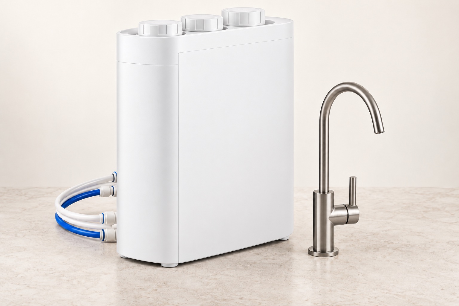 Editorial product view of a slim white tankless reverse-osmosis system with three filter caps, tubing, and a dedicated faucet