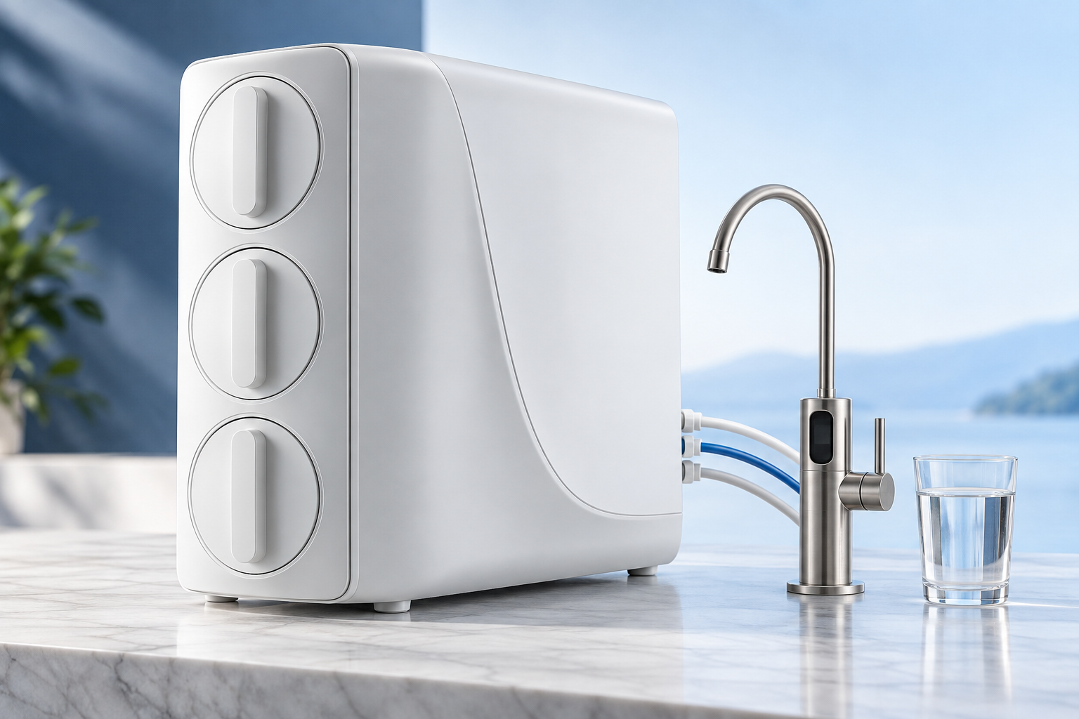 Editorial view of a premium high-flow tankless reverse-osmosis system and smart faucet