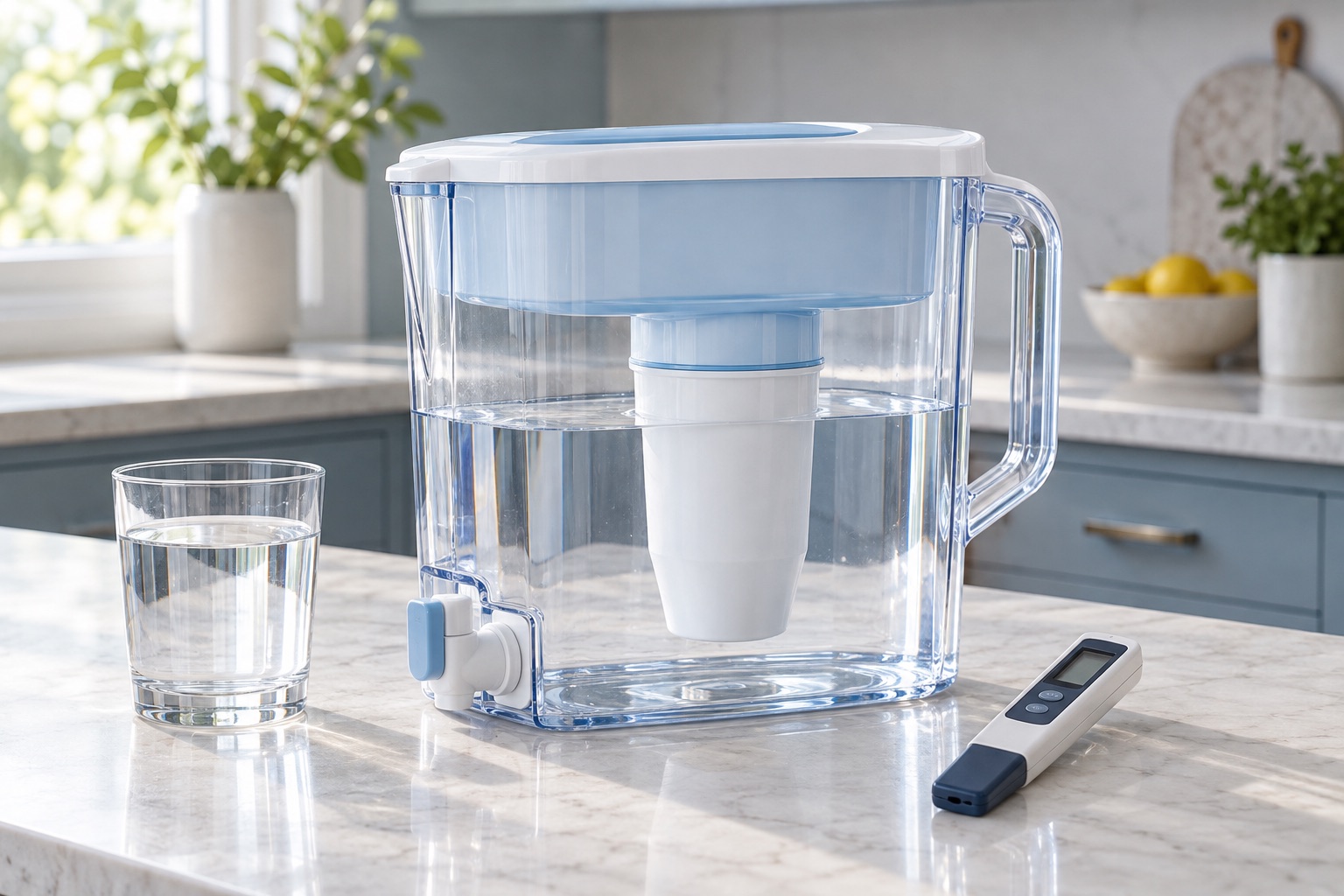 Editorial view of a compact clear 10-cup five-stage water filter pitcher with a small spigot and TDS meter